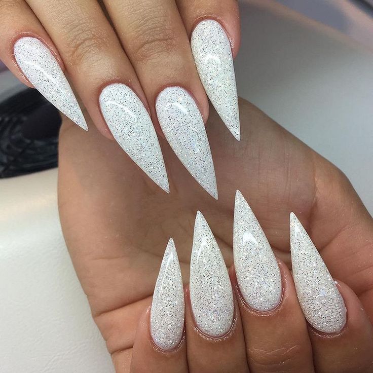 Sparkly White Stiletto Nails